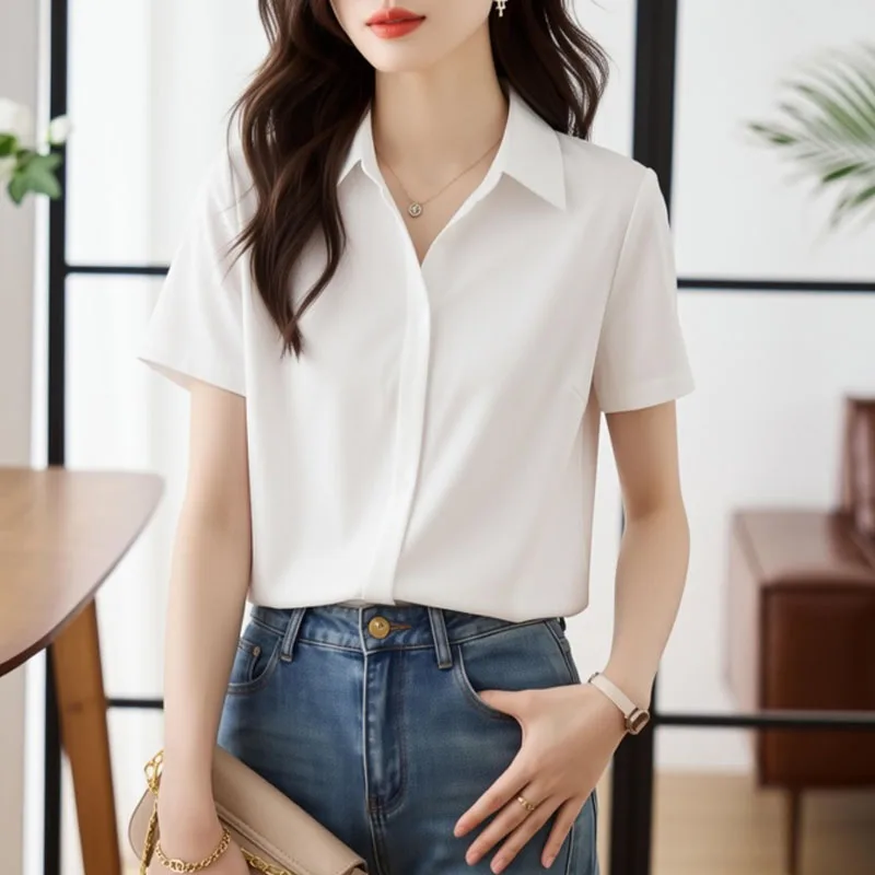 

Women Shirt Blouse Fashion Summer Office Lady Short Sleeve Turn Down Collar White Shirt Blouse Women Tops Camisas De Mujer Q4181