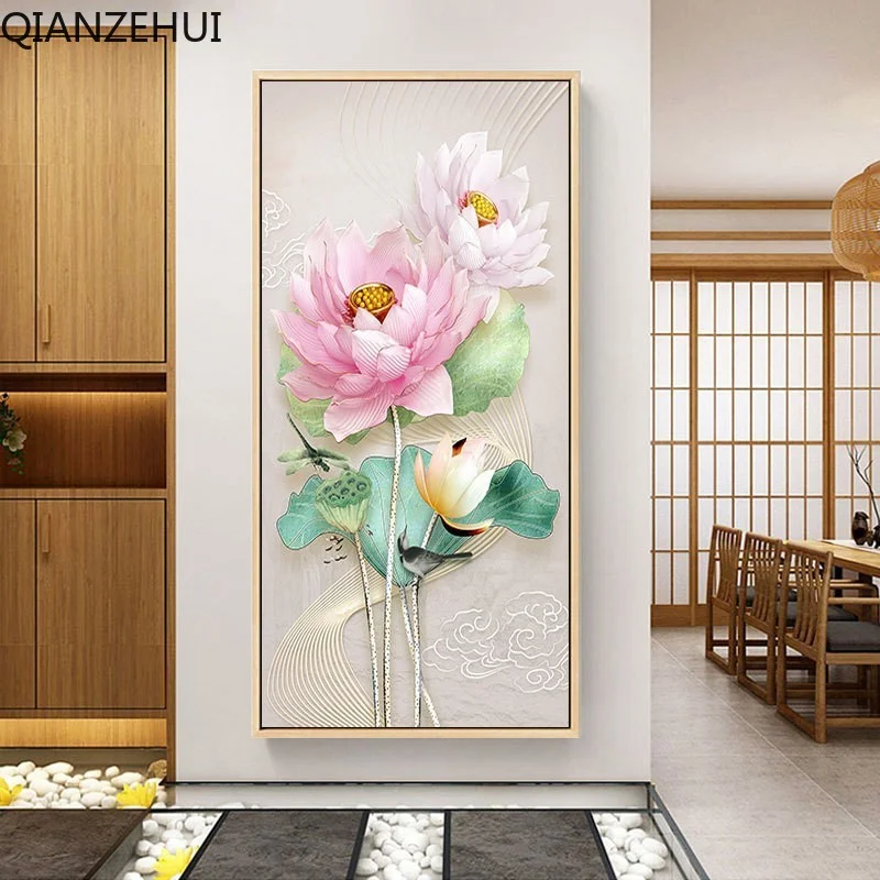 DIY full Diamond Embroidery,Round Diamond beads Lotus Rich Flowers Good Luck Living room decoration rhinestone Diamond painting