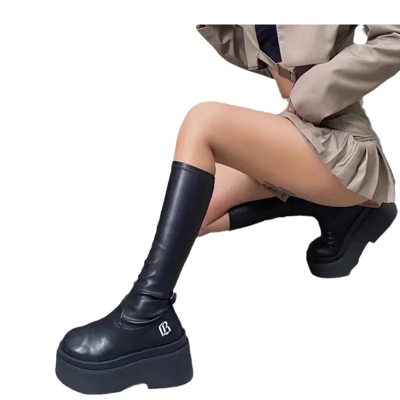 New Women\'s Thicksoled Knee-high Riding Boots Spring and Autumn Women\'s Black Round-headed Elastic Boots High Bootswomen\'s Boots