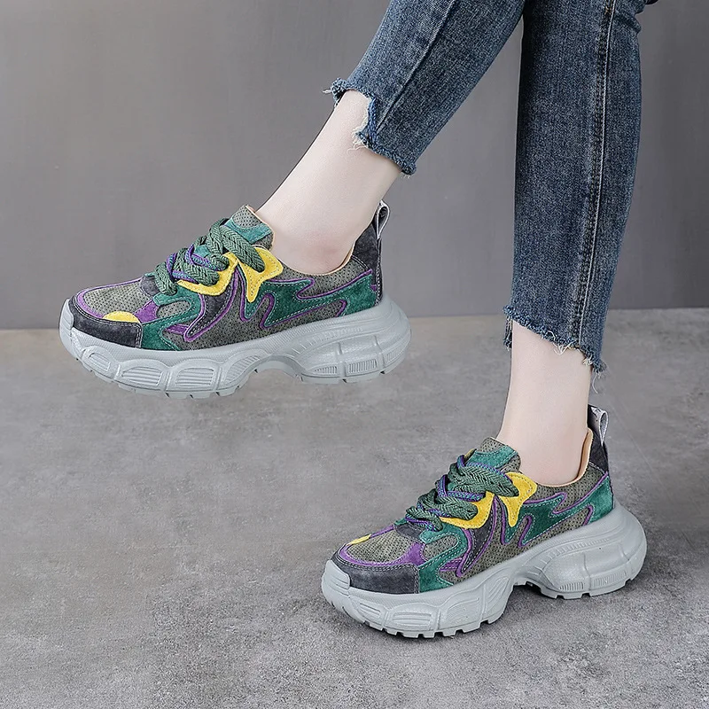 Koznoy 5Cm Echt Lederen Wig Platform Sneakers Casual Herfst Lente Comfortabele Mocassins Dikke Vrouwen Mixed Color Mode Schoenen