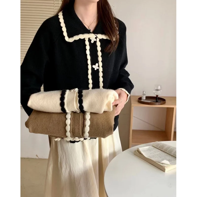 French Style Retro Lace Contrast Color Cardigan Women's Autumn Soft Glutinous Gentle Cute Youth-Looking Coat Sweater Top