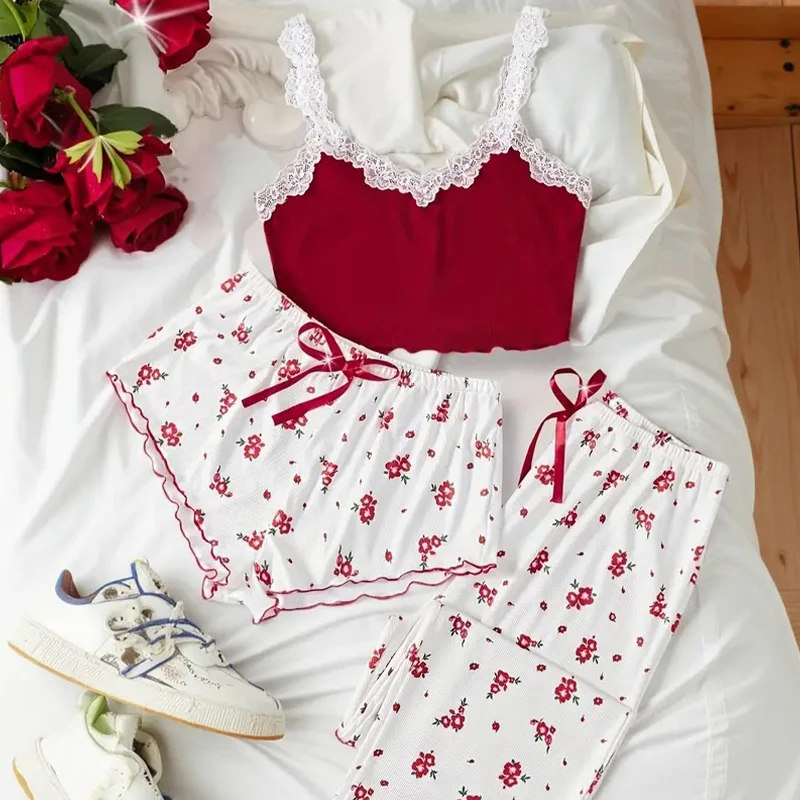 Women's Spring Floral Print Knit Pajama Set Red Three-Piece Sweet Casual Loungewear Sleepwear Set for Home