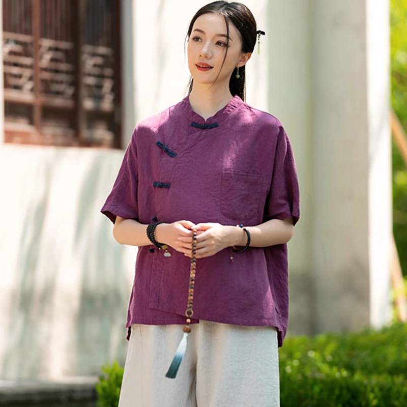 Style chinois femmes coton lin chemise décontractée nouveauté 2025 été Vintage col montant lâche femmes hauts chemises M1845