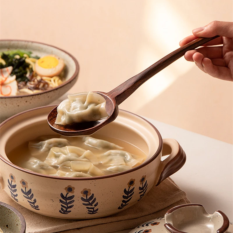 Round Long Handle Ramen Wooden Spoon Japanese Tableware Serving Tablespoons Large Soup Ladle Home Kitchen Cooking Utensils