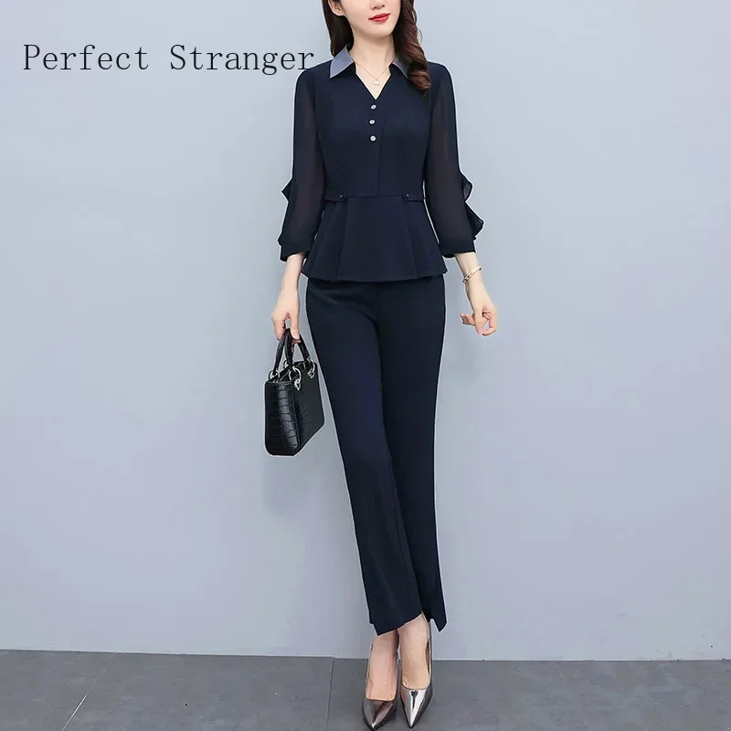 2024 Women Oversize Solid Pants Sets  New Autumn Clothes Elegant V-Neck Long Sleeve Tops High Quality Female 2Pcs Outfits Suits