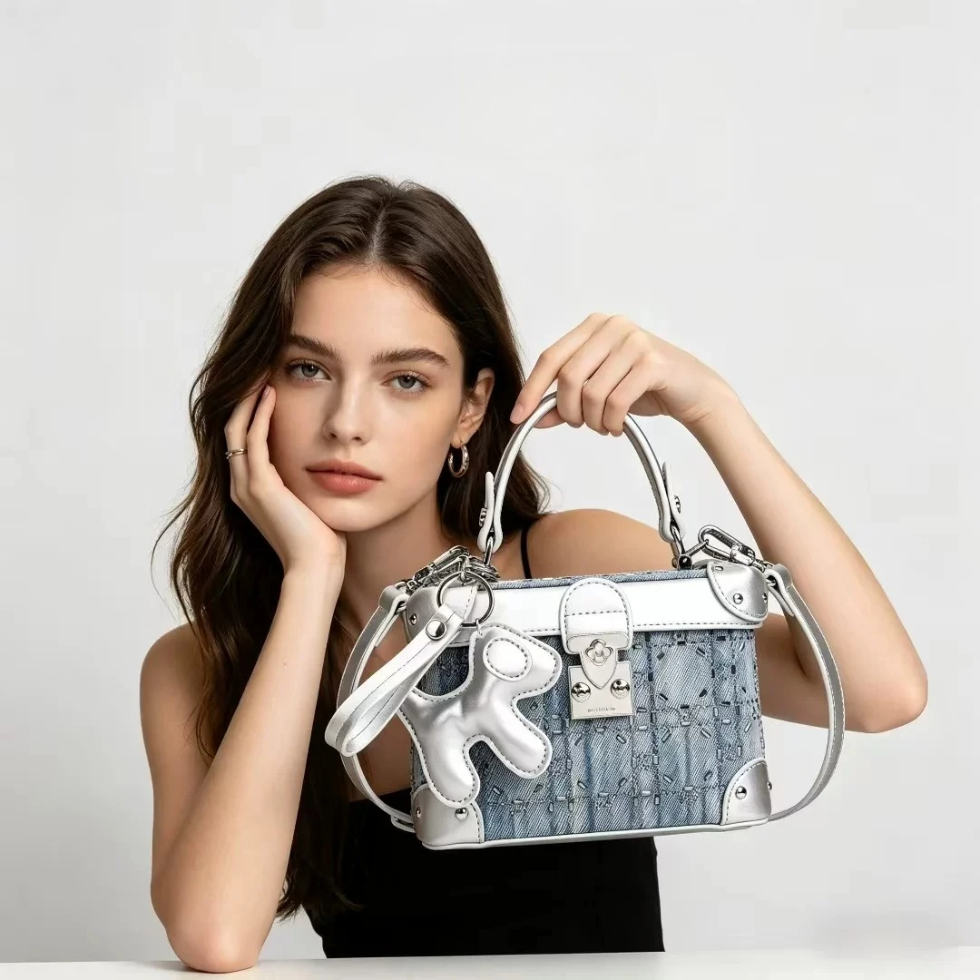 Designer Brand Denim Blue 2026 Spring Summer New Fashionable Denim Diamond-encrusted Shoulder Crossbody Handbags for Women