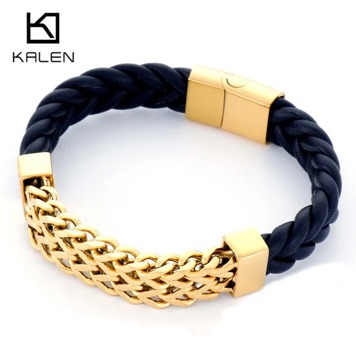 Kalen Chunky Gold Color Stainless Steel Leather Bracelet for Men Rock Personalized Motorcycle Party Jewelry Brushed and Shiny