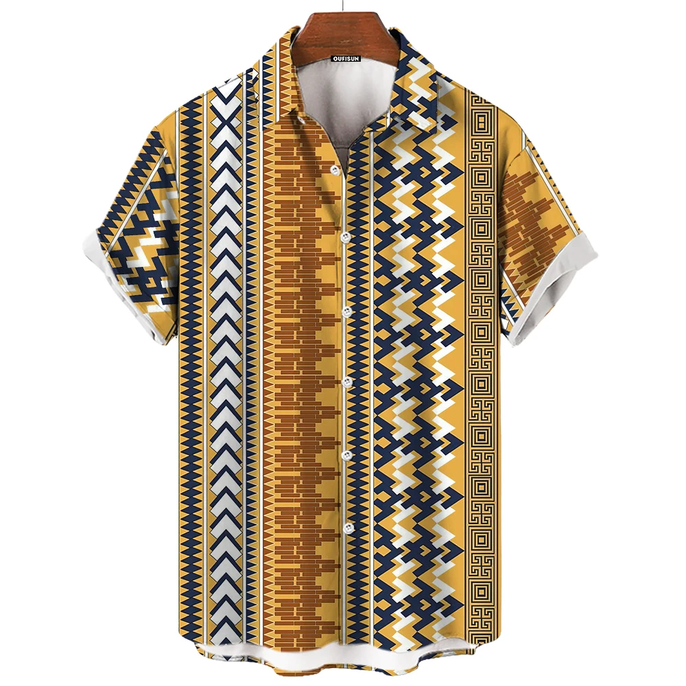 Chemise hawaïenne à manches courtes pour hommes avec motif rayé, chemisier à boutons vintage, vêtements d'été à la mode