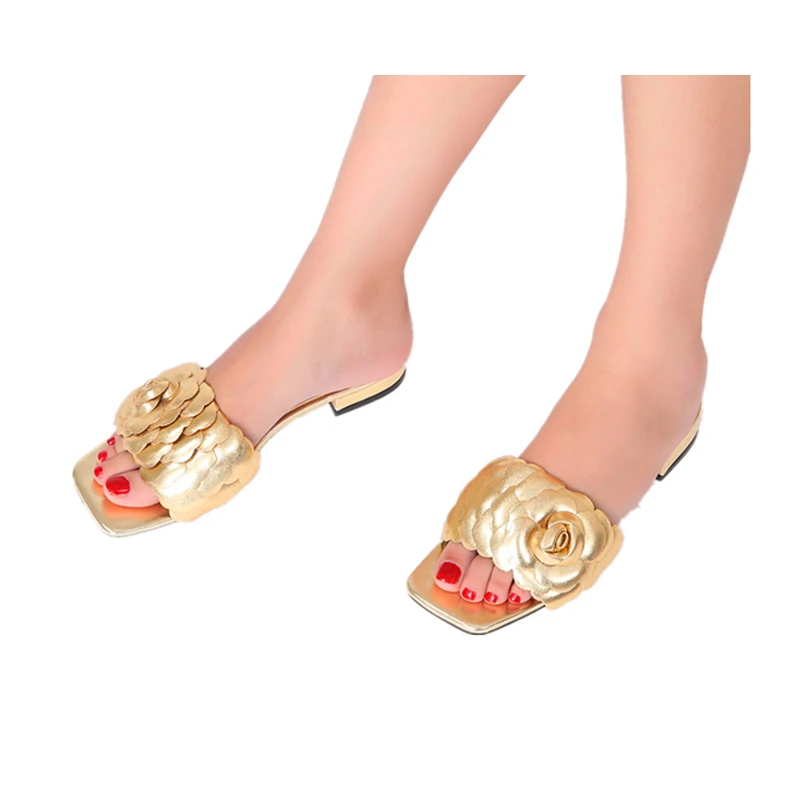 Latest Italian Design Summer Fashion Luxury Flat Heel Gold silver Pink Flower Women\'s Shoes plus size 38-44 Women Flat Slippers