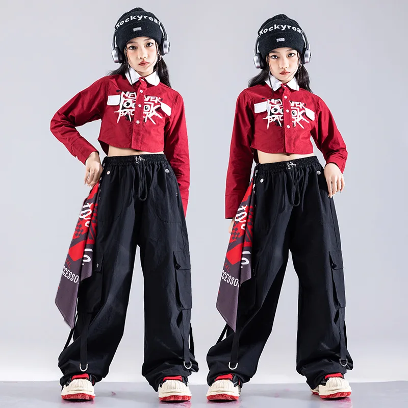 

Kid Kpop Hip Hop Clothing Wine Red Letter Crop Shirt Top Black Casual Wide Cargo Pants for Girls Jazz Dance Costume Wear Clothes