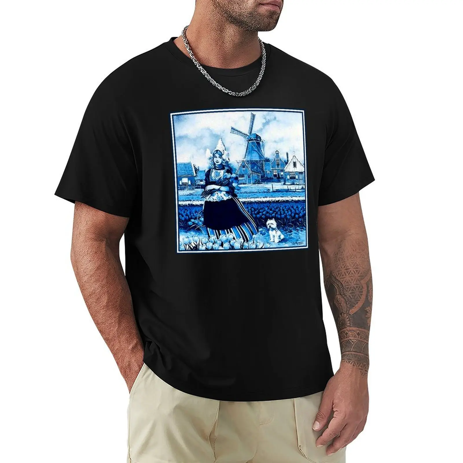 DUTCH BLUE DELFT : Vintage Windmill, Young Girl, Dog and tulips Print T-Shirt Basic Short Sleeve Cotton Blend T-Shirt