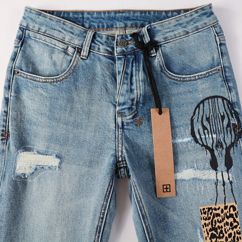 2024 Fashion Brand KSUBI Cross Jeans Men Ripped Slim Pants American High Street Scorpion Stick Fabric Low-rise Stretch Jeans