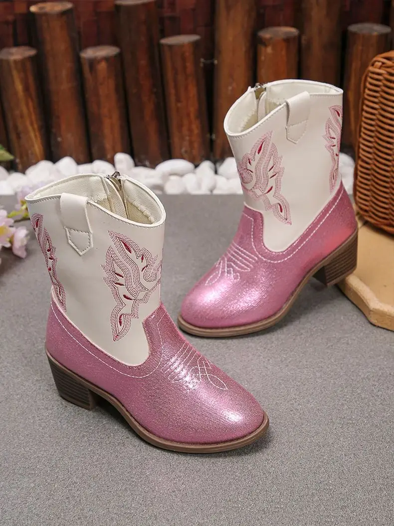 Rose blanc paillettes Western genou bottes enfant fille côté fermeture éclair Cowboy longs chaussons enfant talon bas bout rond broderie Botas