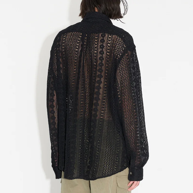 Tie Dyed Shirt Men's Casual Lace Cardigan Hollow Out Long Sleeved Shirt Mens Hip Hop Clothing Knitted Turn-down Collar Shirt