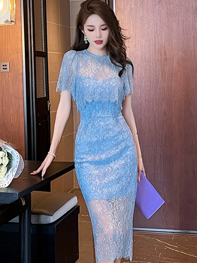 Fashion Summer Fake 2 Pieces Evening Dress For Women Elegant Lace Sheer Chic Sexy O-Neck Slim Midi Party Club Prom Mujer Vestido