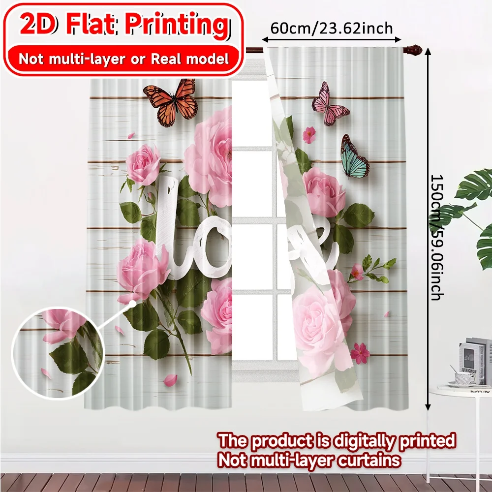 2D Flat Printing,2pcs Floral Romance Chic Print Curtains Versatile Fabric Curtains All Seasons Use for Bedroom, Living Room,