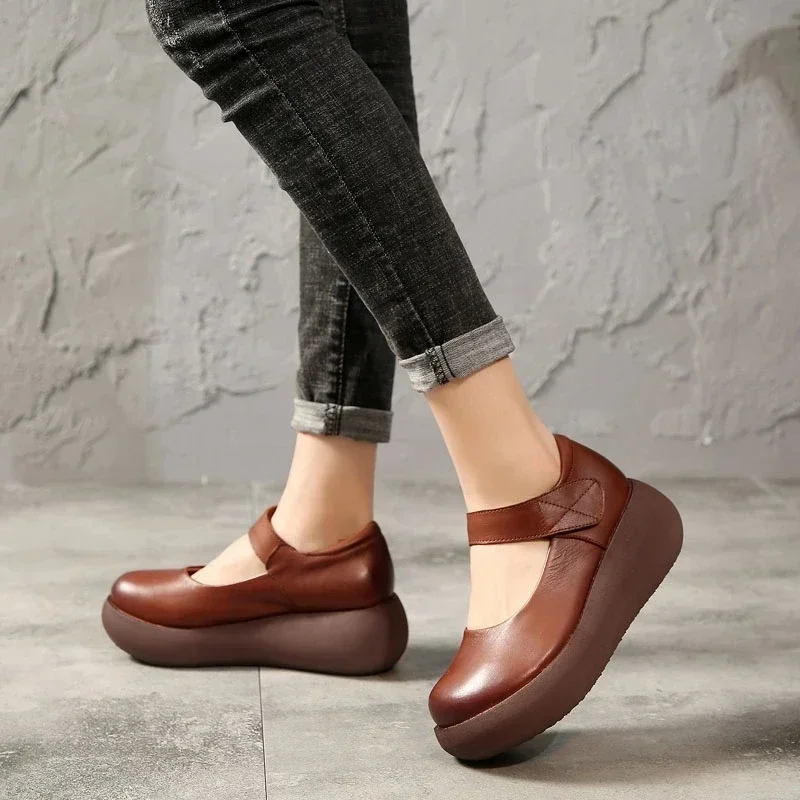 YAERNI Spring Summer Women Flat Platform Shoes Retro Shallow Round Toe Casual Shoes Women Genuine Leather Platform Shoes