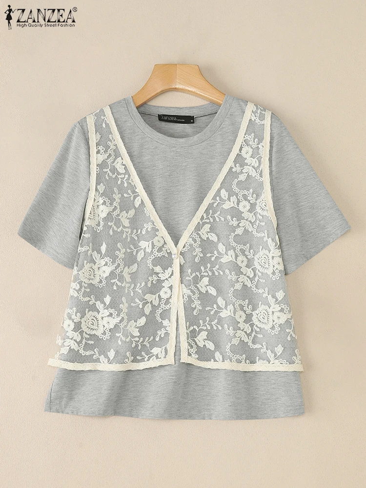 

Lace Patchwork Blouse Women Summer Tops Loose Tunic ZANZEA Fashion Casual Short Sleeve Blusas Oversized Pullover 2025 NEW