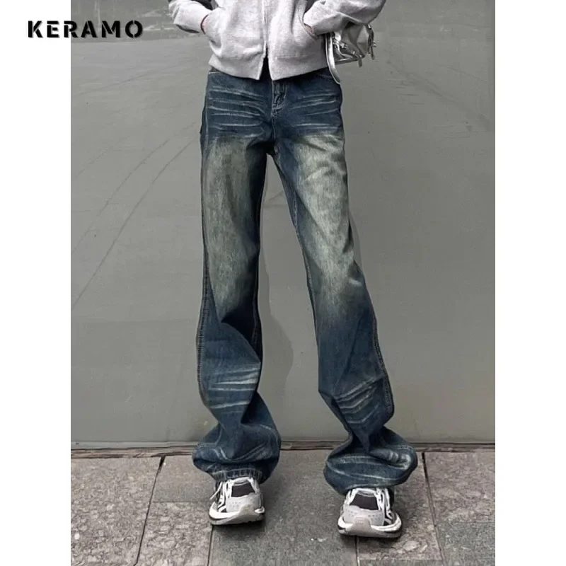 

Korean Vintage High Waist High Street Style Straight Jeans Casual Blue Pants Women's Fashion Wide Leg Baggy Y2K Denim Trouser