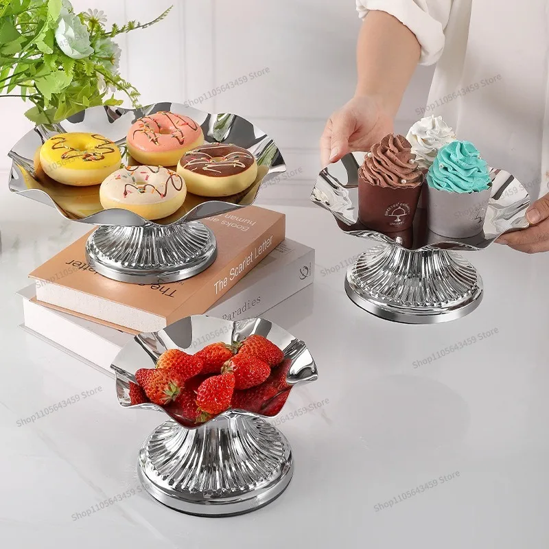 For Snacks Dining Table Snack Dim Sum Plate Stainless Steel Tall Lotus Fruit Plate Bar