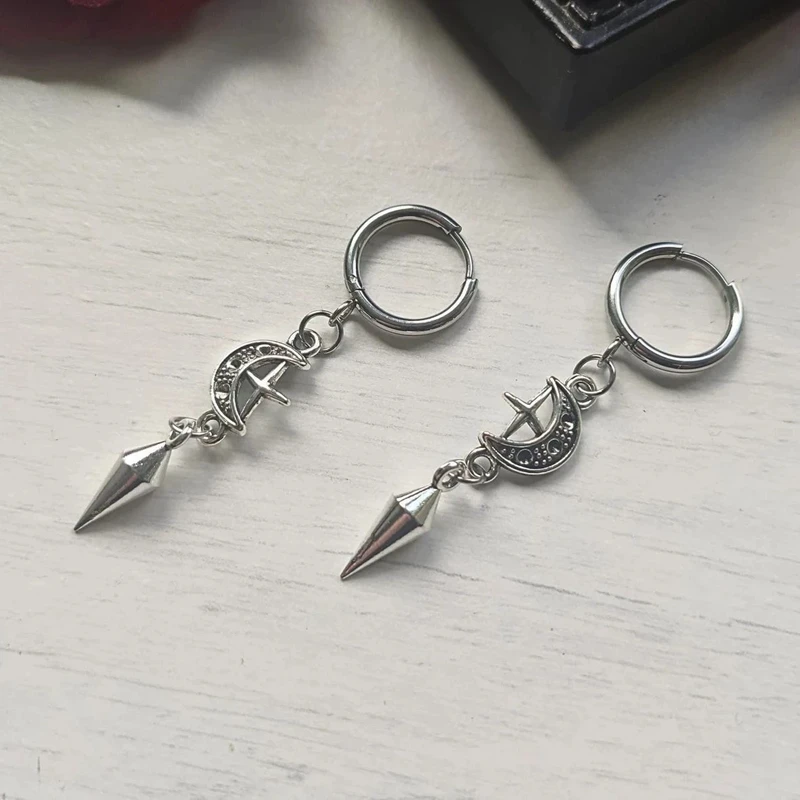 1 Pair Punk Rock Stainless Steel Spiky Star Moon Earrings, Suitable for Daily Wear Gothic Jewelry Accessories for Women