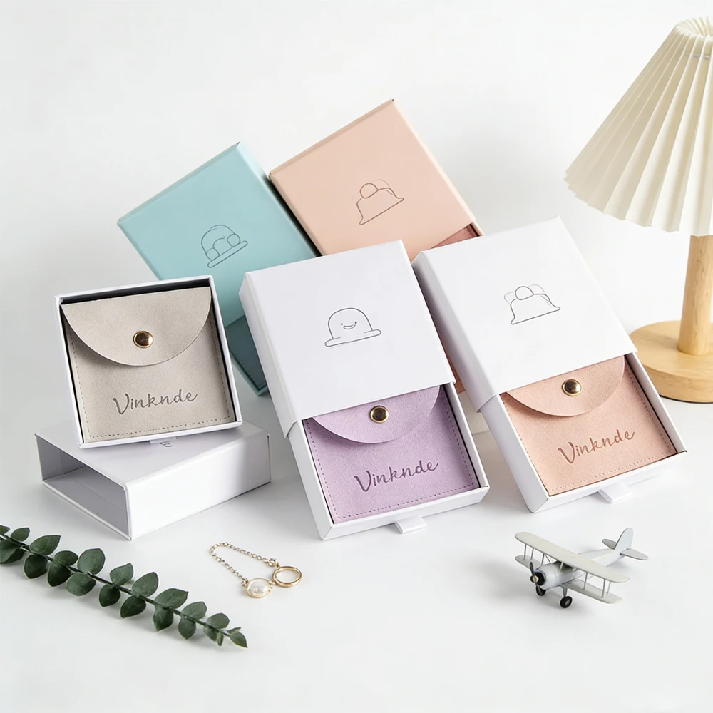 

24Pcs Custom Logo White Jewelry Packaging Drawer Paper Gift Box for Necklace Ring Earrings Wedding Gift Microfiber Button Bags
