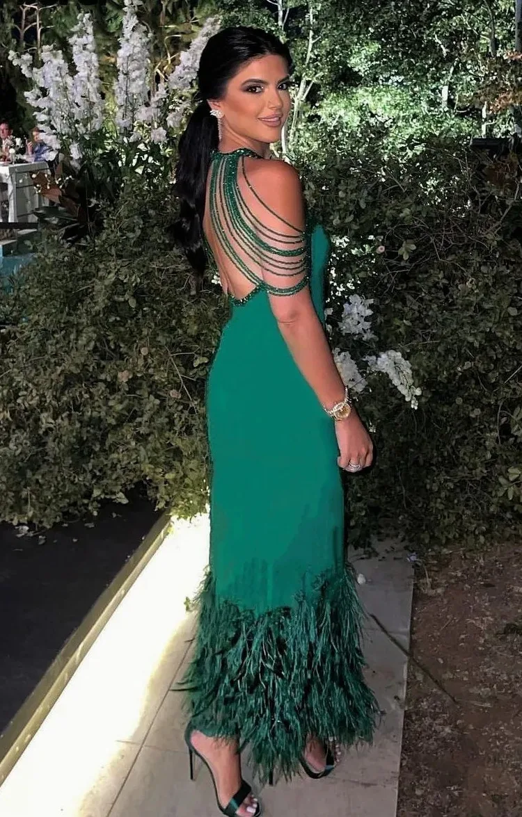 

Arabia Luxury Evening Dresses Feathers Backless String Beads Ankle-length Customizable Green Prom Dresses فساتين مناسبة رسمية