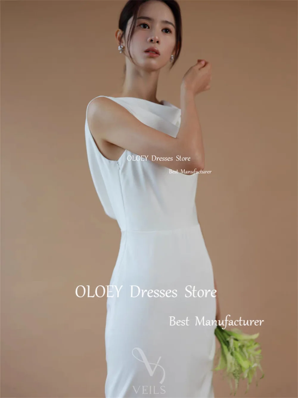 OLOEY Elegant Silk Satin P[leats Mermaid Wedding Dress Korea Photoshoot O Neck Bridal Gown Backless Button Sleeveless Custom