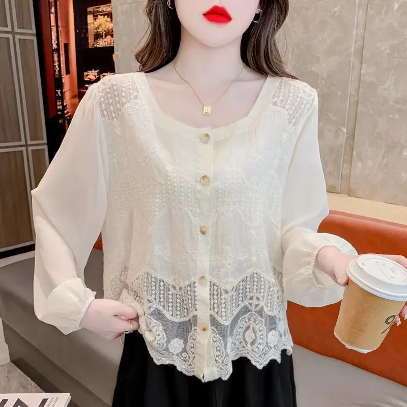 Hook Flower Splicing Hollow Lace Shirt for Women in Early Autumn New Square Collar Style Slimming Korean Version Loose Long