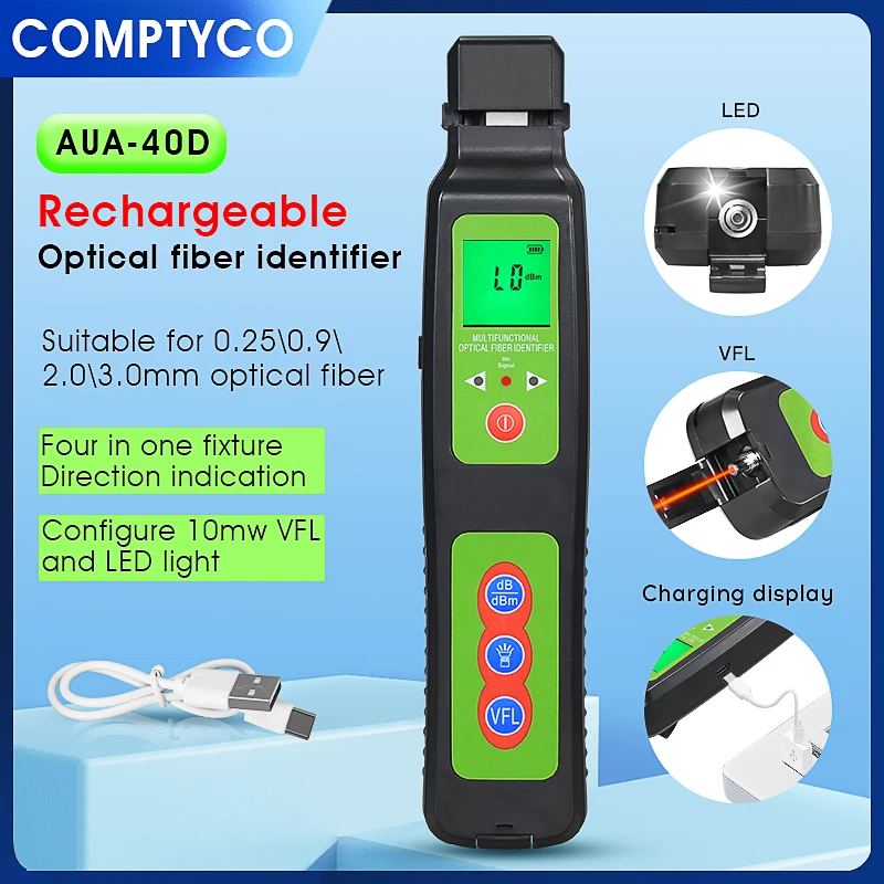 Imagem -02 - Comptyco Aua40d 40a Identificador de Fibra Óptica Live Wire Tester Iluminação Led Embutida 10mw Vfl