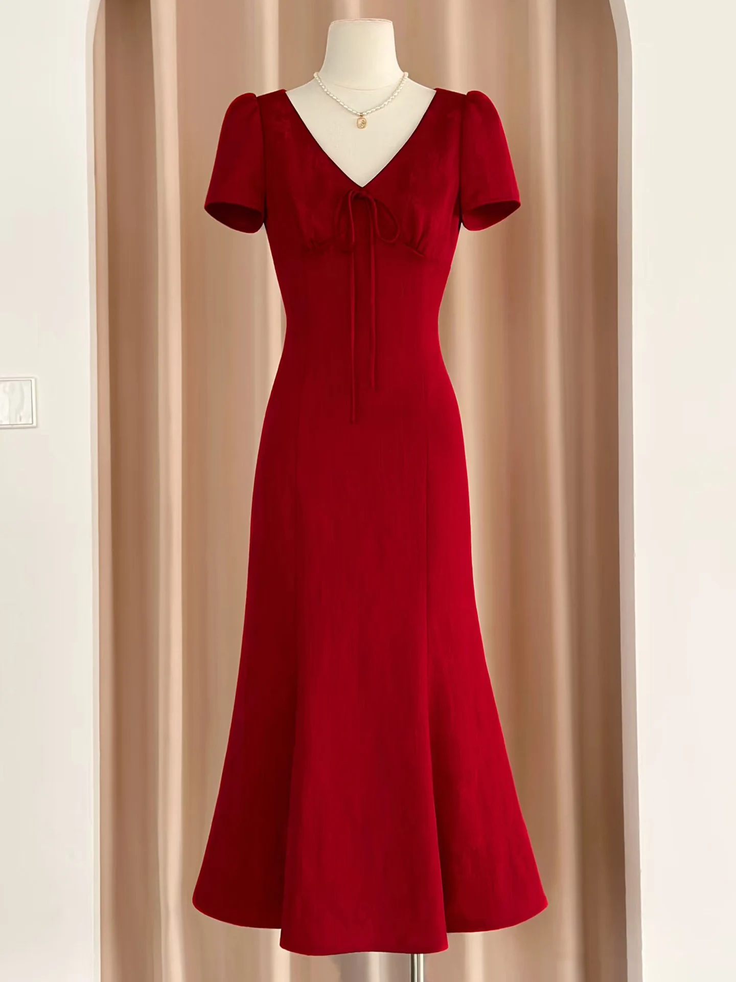

Red Short Sleeve Fish Tail Wedding Dress Elegant Sensation Engagement Party Women's Korean Style Long Gown V-Neck Evening Dress