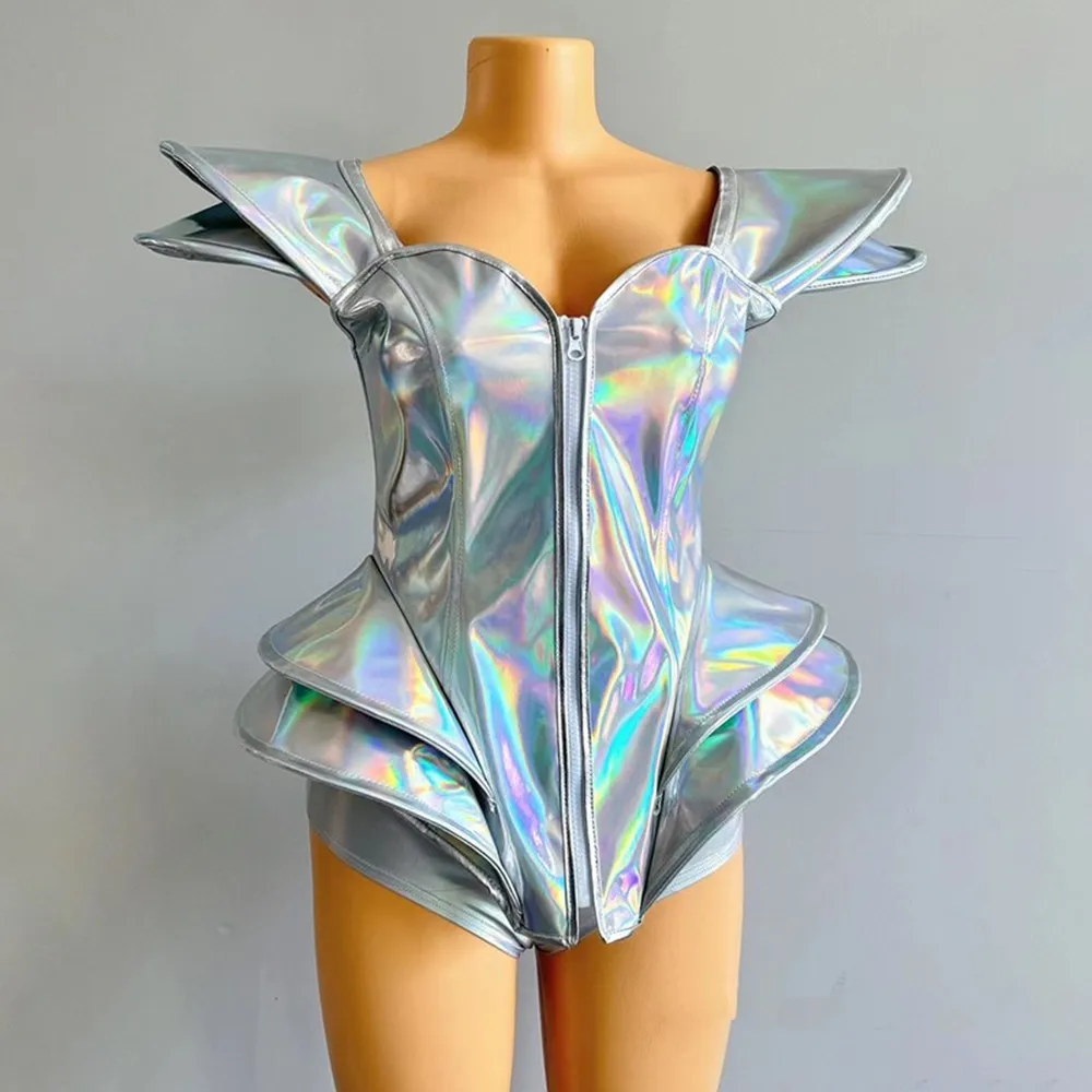 Slivery Armor Bodysuit Sexy Gogo Dancer Nightclub Bar Performance Clothes Carnival Festival Party Drag Queen Outfit Women