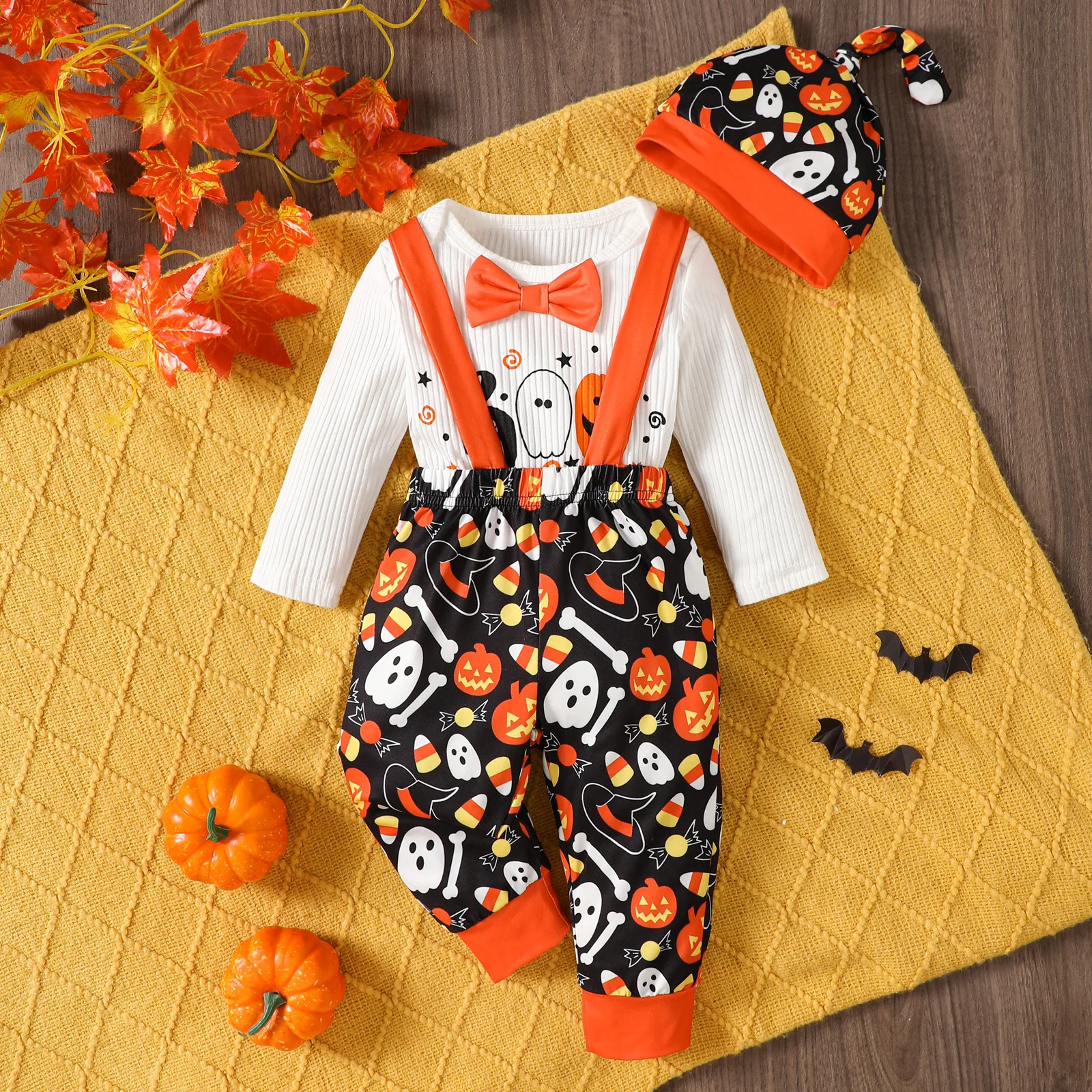 3 6 12 18 Months Baby Boys Autumn 3PCS Halloween Costume Cartoon Ghost Print Romper Pant Hat Set Toddler Photography Clothes