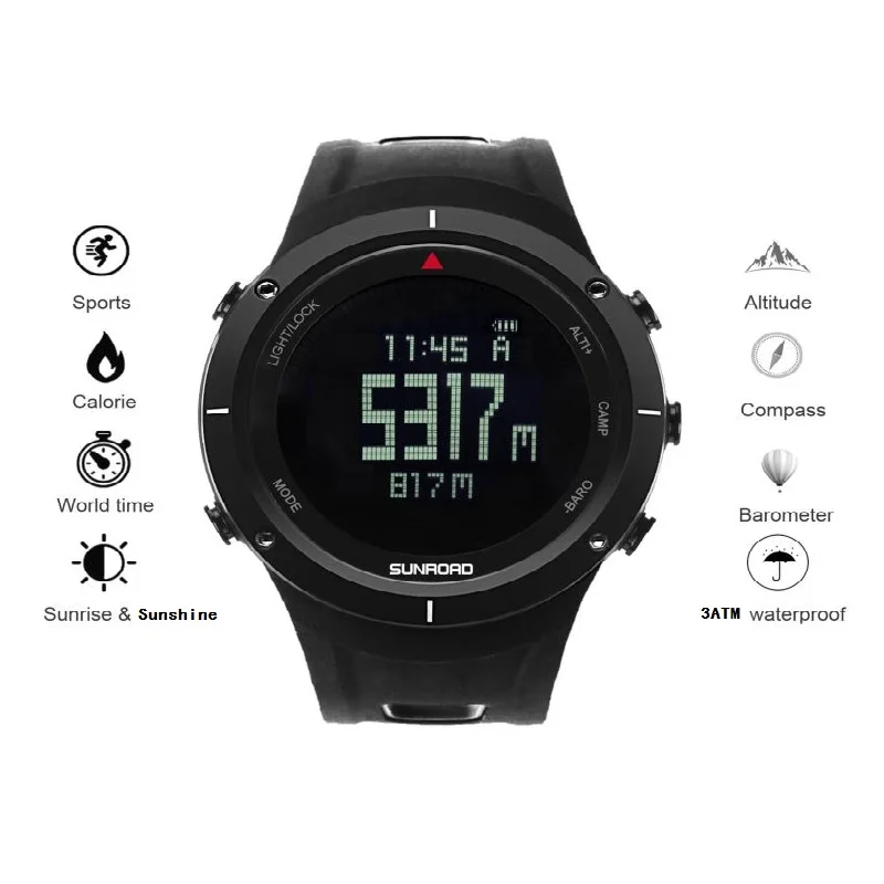 SUNROAD-Reloj de pesca todoterreno para escalada de montaña, pulsera con brújula, Hora Mundial, Amanecer, barómetro y altitud, serie FR853B