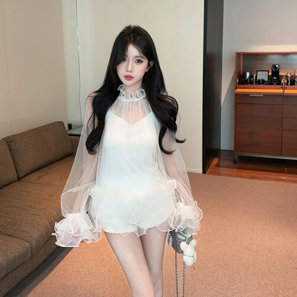 

Long Sleeve Lace Trim Mesh Cover up Top And Bottom Set Women's Casual Sportswear Inner Wear Strap Tops Spring Autumn Season