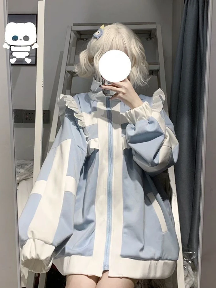 اليابانية كشكش البريدي بلوزات المرأة الحلو Preppy فضفاض المرقعة لوليتا معاطف ربيع الخريف لطيف كم طويل Harajuku شيك القمم #4