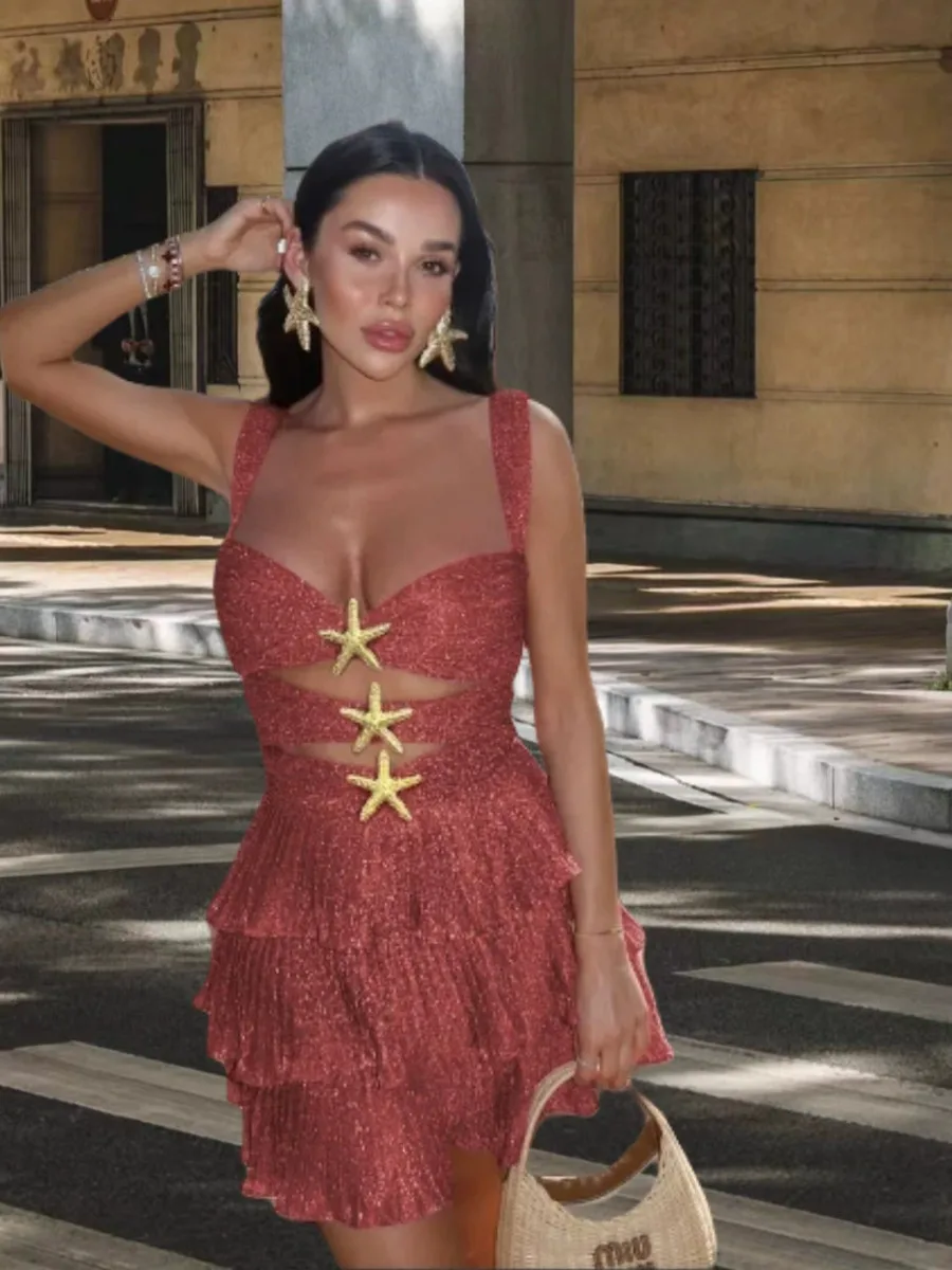 Abito corto a sirena Abito corto elegante da donna con fasciatura ritagliata senza maniche Halter a vita alta Mini abito a trapezio Moda HBJ8