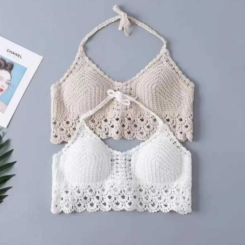 

Women Beach Crop Tops Hollow Cover-Ups Perspective Tassel Sexy Spaghetti Strap Swinwear Built In Bra Backlless Halter Neck