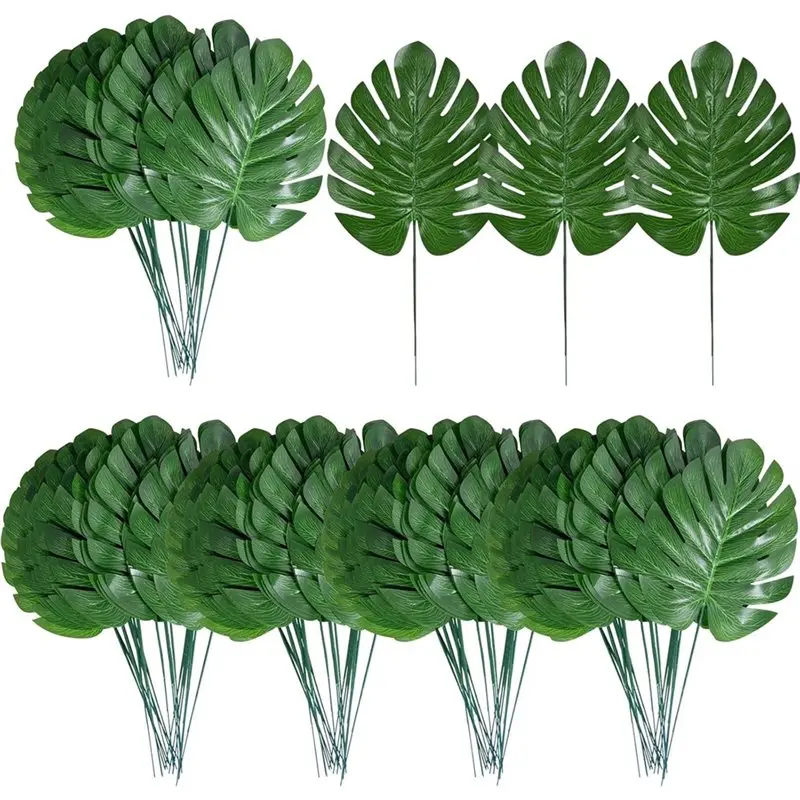 

【THANKSGIVING DAY】Artificial Monstera Leaves 100Pcs Faux Tropical Palm Leaves With Stem For Jungle Decorations-Dinosaurs& Hawaii
