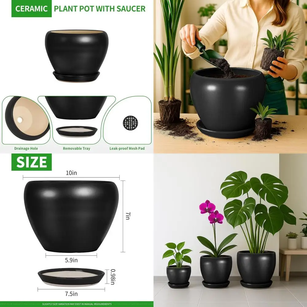 

Круглый цветочный горшок 10 дюймов для комнатных и уличных растений с дренажными отверстиями и поддоном, черный
