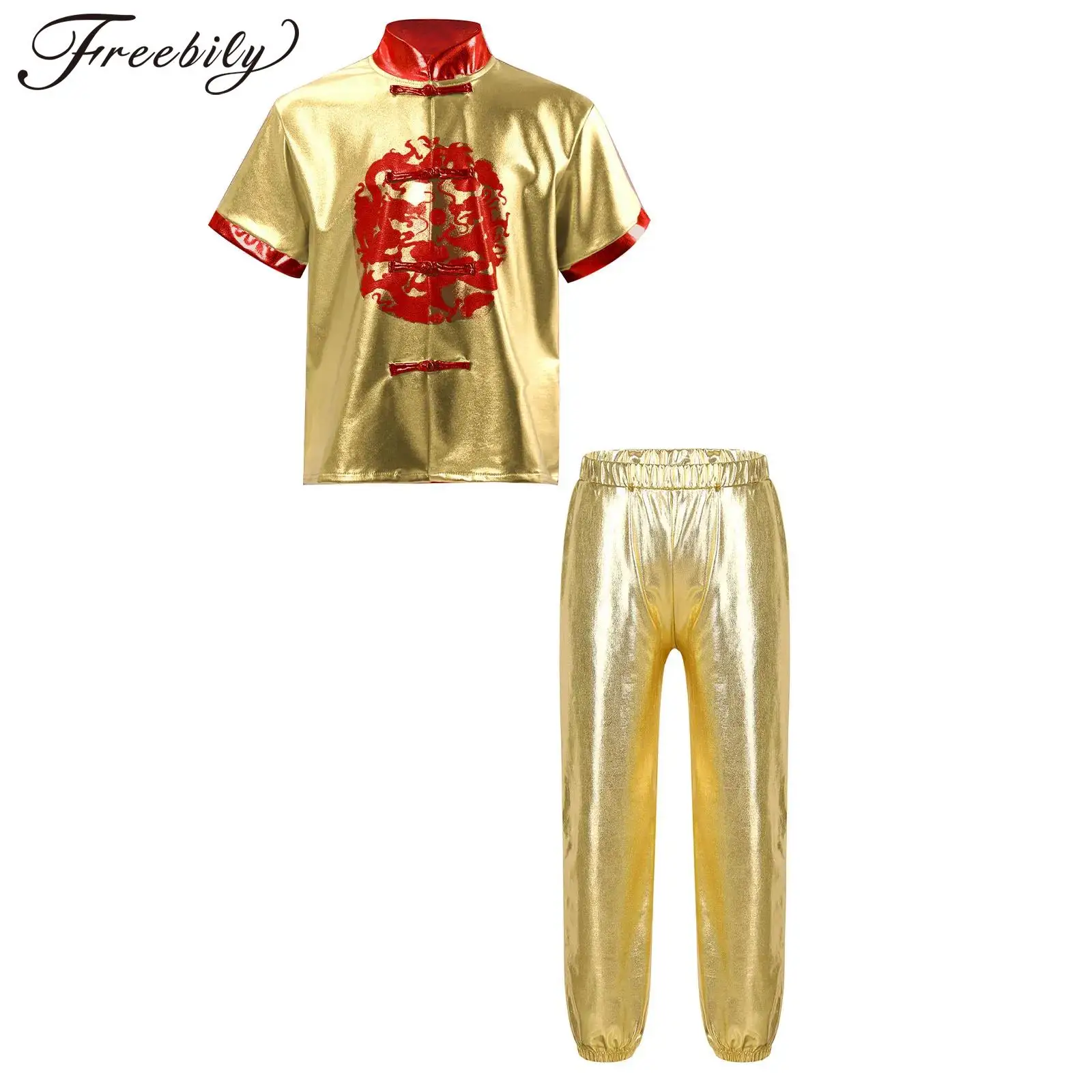 

Kids Girls Boy Tang Suit Traditional Chinese Clothes Sets Dragon Kungfu Clothing Metallic Tops Pants for New Year Party Costume