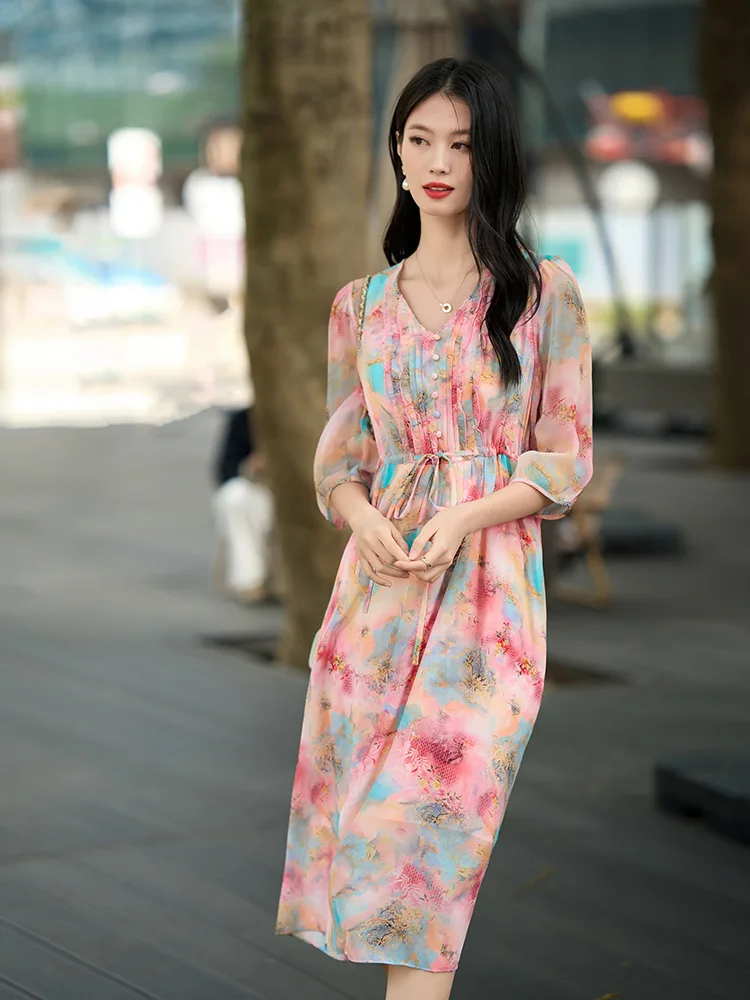 Winsleter-Vestido feminino elegante 100% seda real, meia manga com decote em V estampa floral, vestidos com babados franceses, novo verão 2025 D58267CC