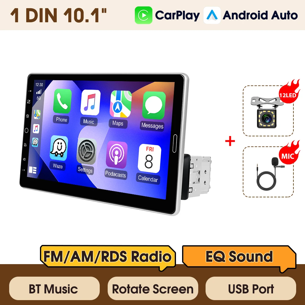 Podofo 10.1" Auto MP5 Speler Universele Multimedia Videospeler 1Din FM RDS AM EQ Carplay Android Auto Mirror Link Autoradio Stereo
