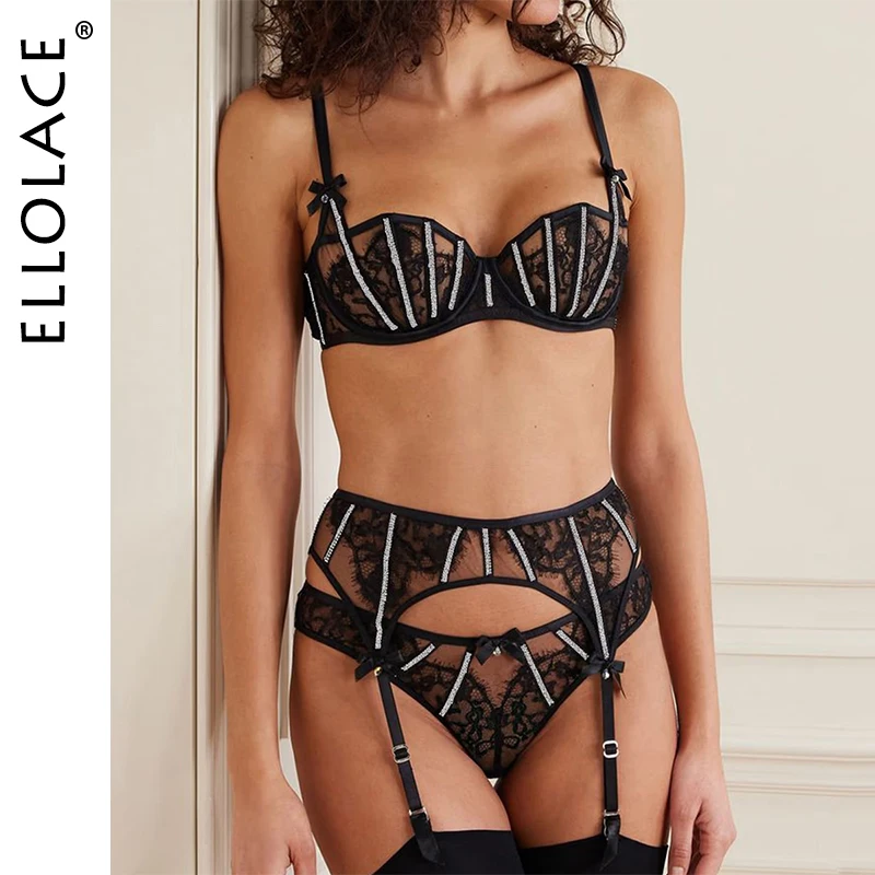 

Ellolace Willowy Lingerie Sexy Women Intimate See Through 3PC Set with Stockings Exclusive Diamond Belt Decor Dancer Costume