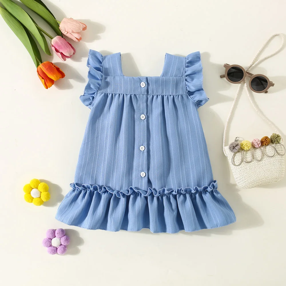 Summer New Girls Dress With Sweet Flying Sleeves Childrens Plaid Dress Heavy Lifting Little Chicken Embroidery Princess Dress