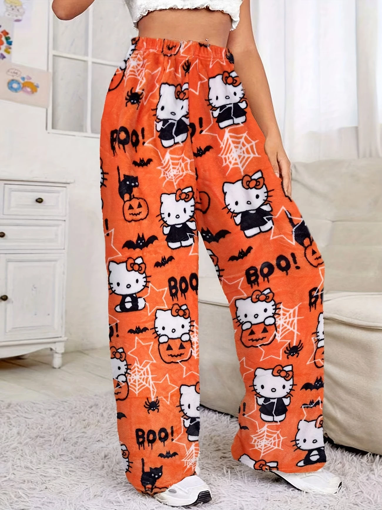 26-27 New Arrivals Halloween Flannel Sleeping Pants for Cute Women Hello Kitty Loose Student Casual Home Pants Walking Pants