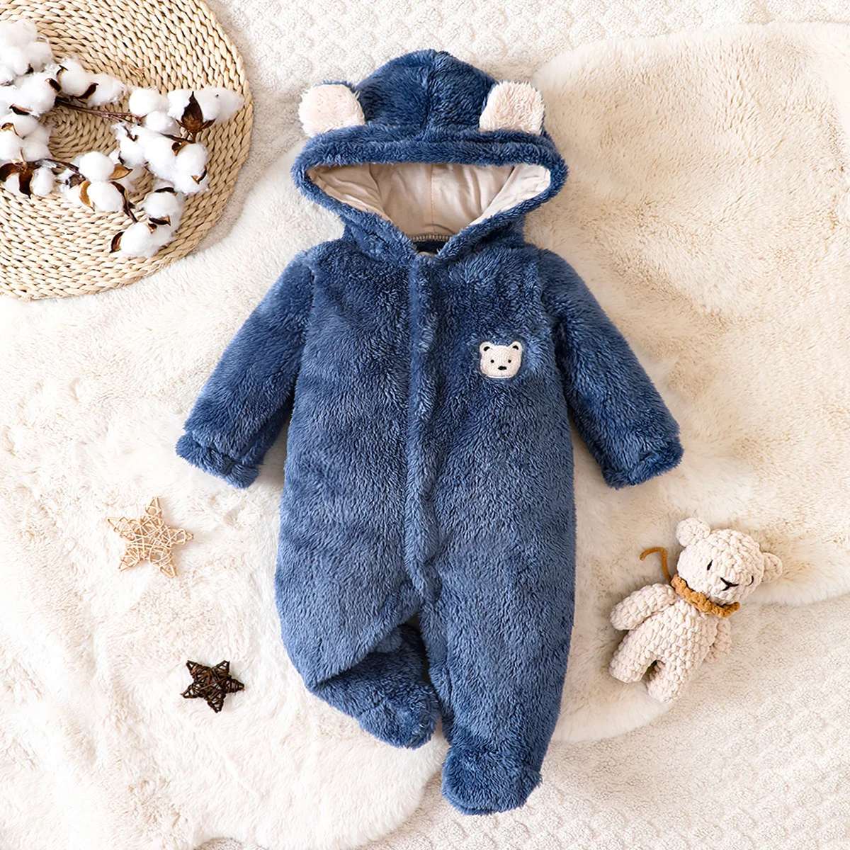 hibobi Winter Children\'s Cotton Jumpsuit Bear Shape Hooded Long-Sleeved Plush Romper Suitable For Children Under One Year Old