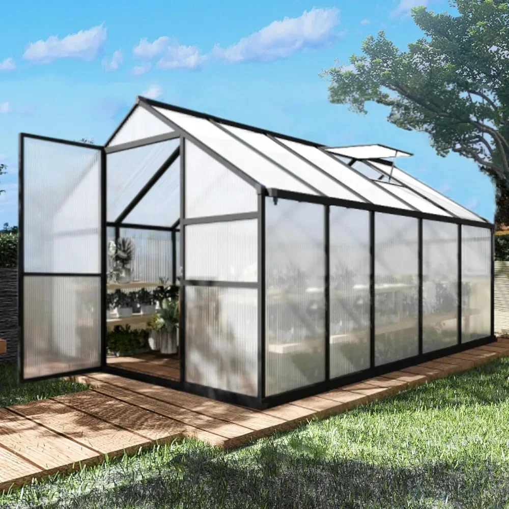 

8 x 10 FT Greenhouse with Adjustable Roof Vent, Polycarbonate Garden Backyard Green house, Aluminum Large Walk-in Greenhouse