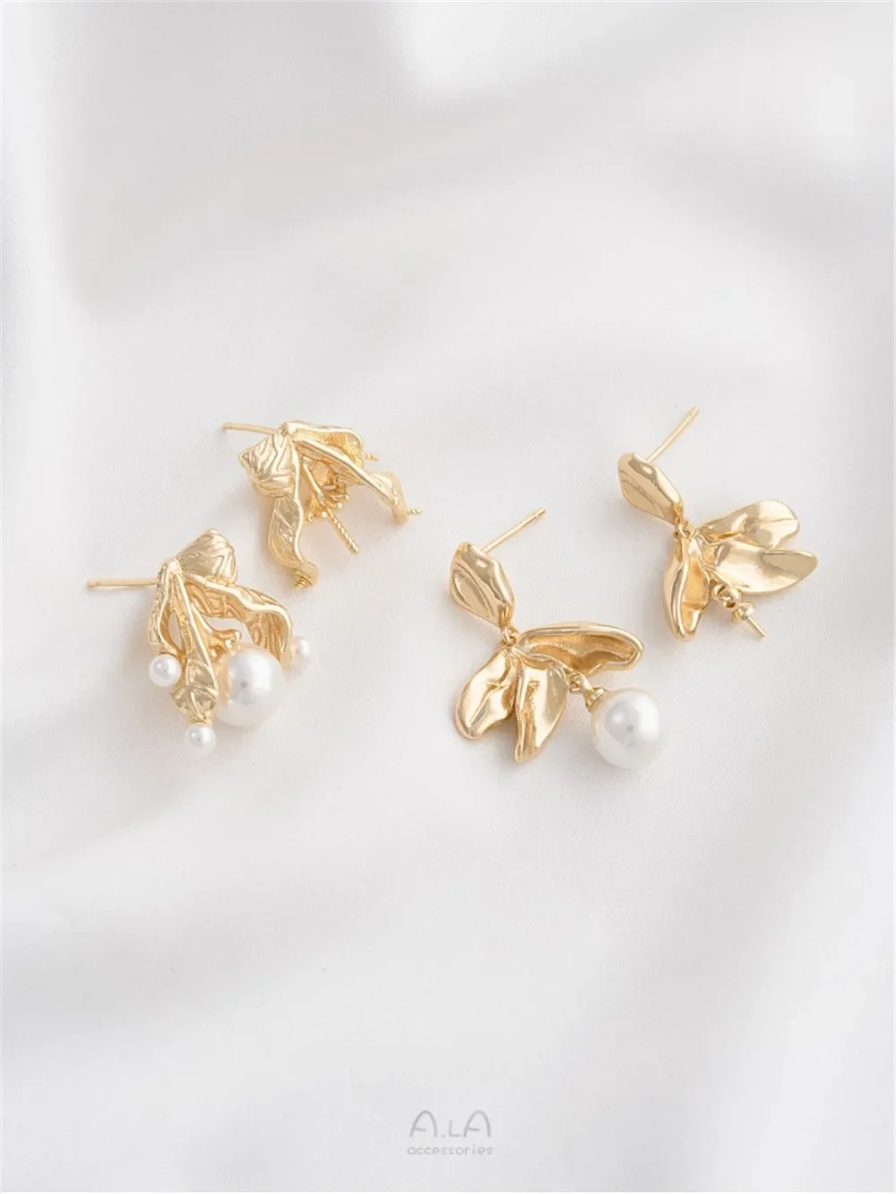 

14K Gold-Color Design Sense Twigs and Leaves with Beaded Holder Stud Earrings 925 Silver Needle DIY Pearl Earring Accessories