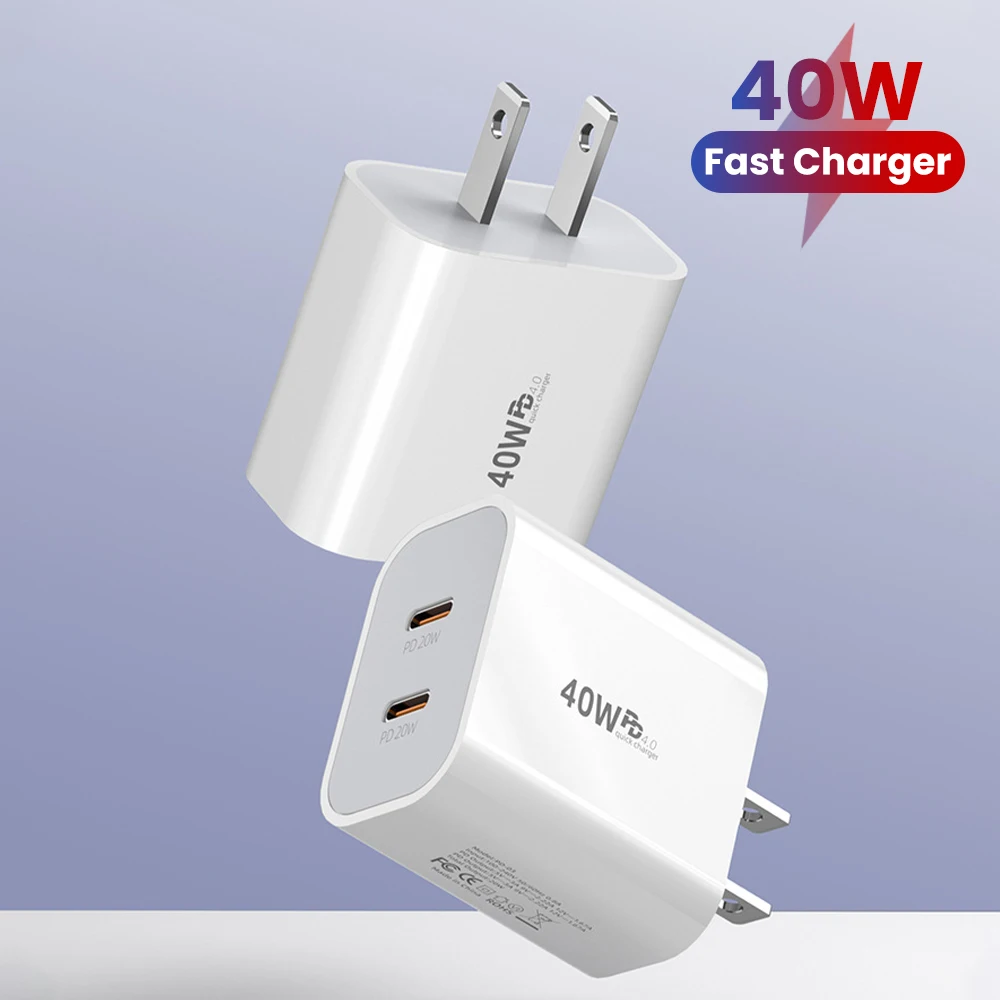 Elough Dual PD 40W Charger Adapter USB-C Charger Head Quick Charge Type C Fast Charging Adapter White EU/USUK Plug